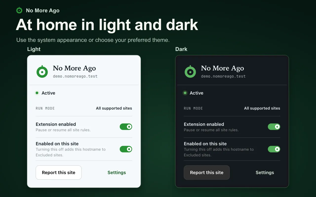 No More Ago popup shown in light and dark appearance modes
