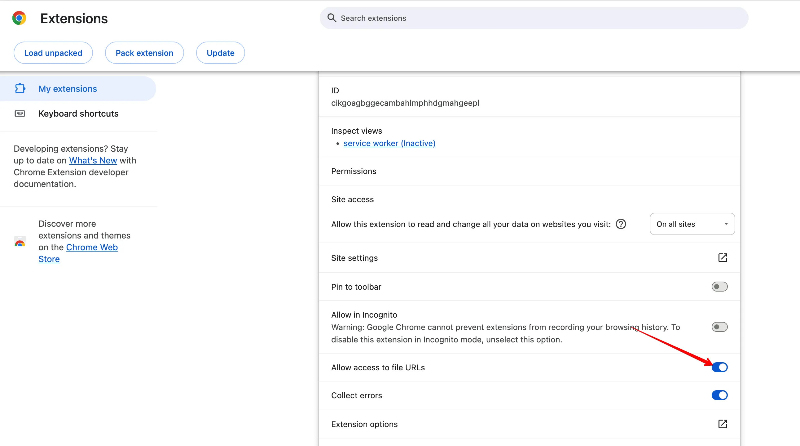 Chrome extension details with the Allow access to file URLs switch enabled