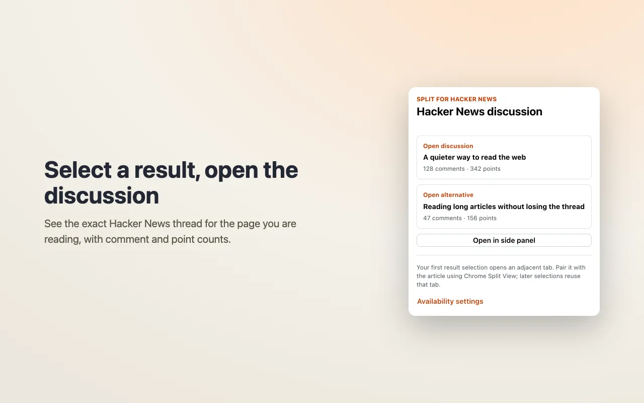 Split for Hacker News popup showing a primary Hacker News discussion, an alternative submission, comment counts, and the Open in side panel button