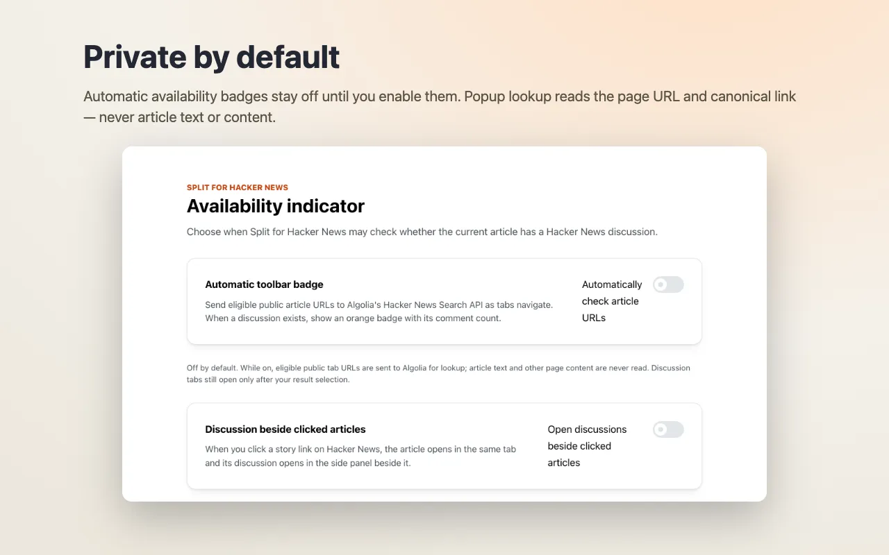 Split for Hacker News settings showing the automatic toolbar badge and discussion-beside-clicked-articles options switched off by default