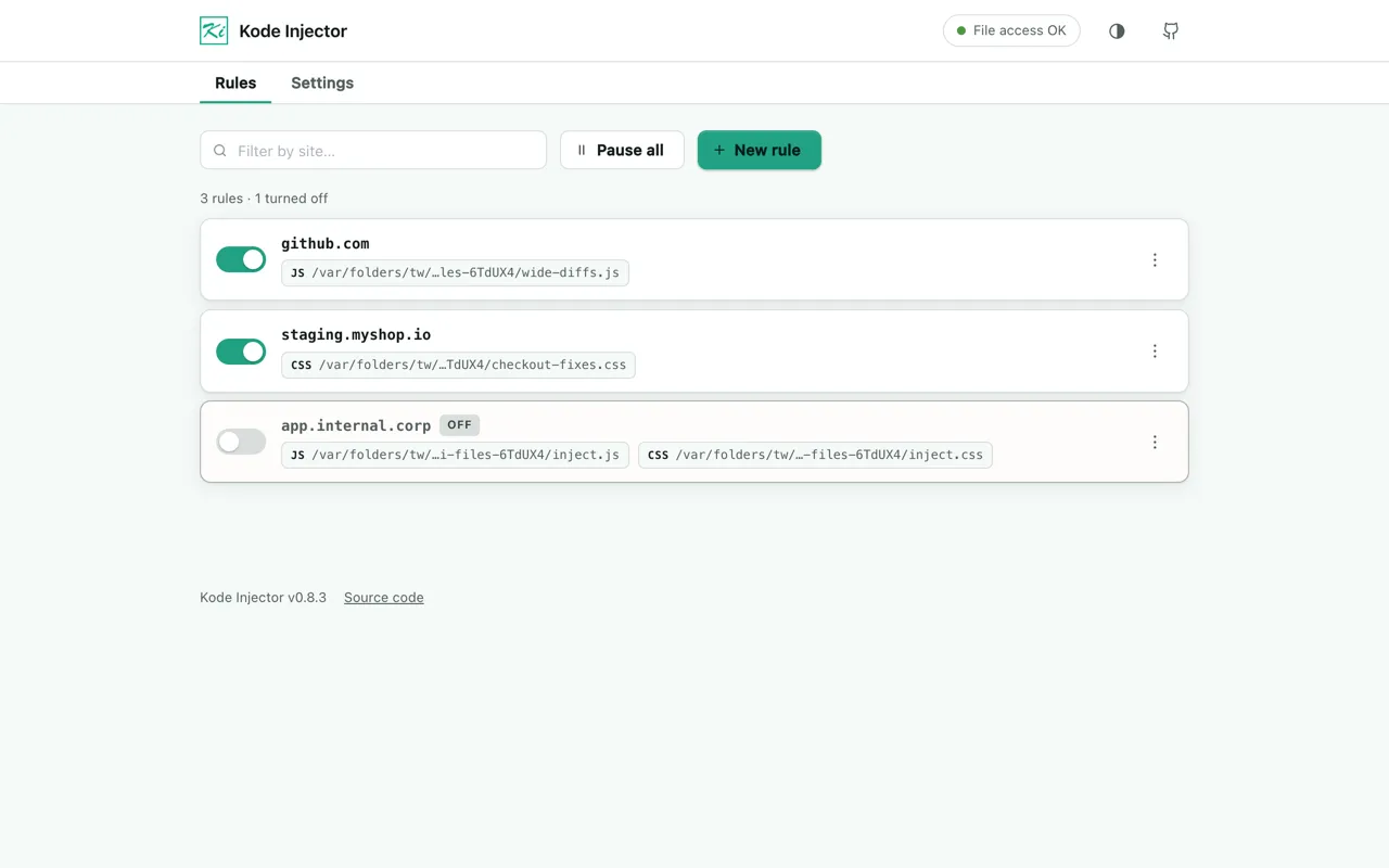 Kode Injector options page showing rules for GitHub, a staging shop, and an internal app